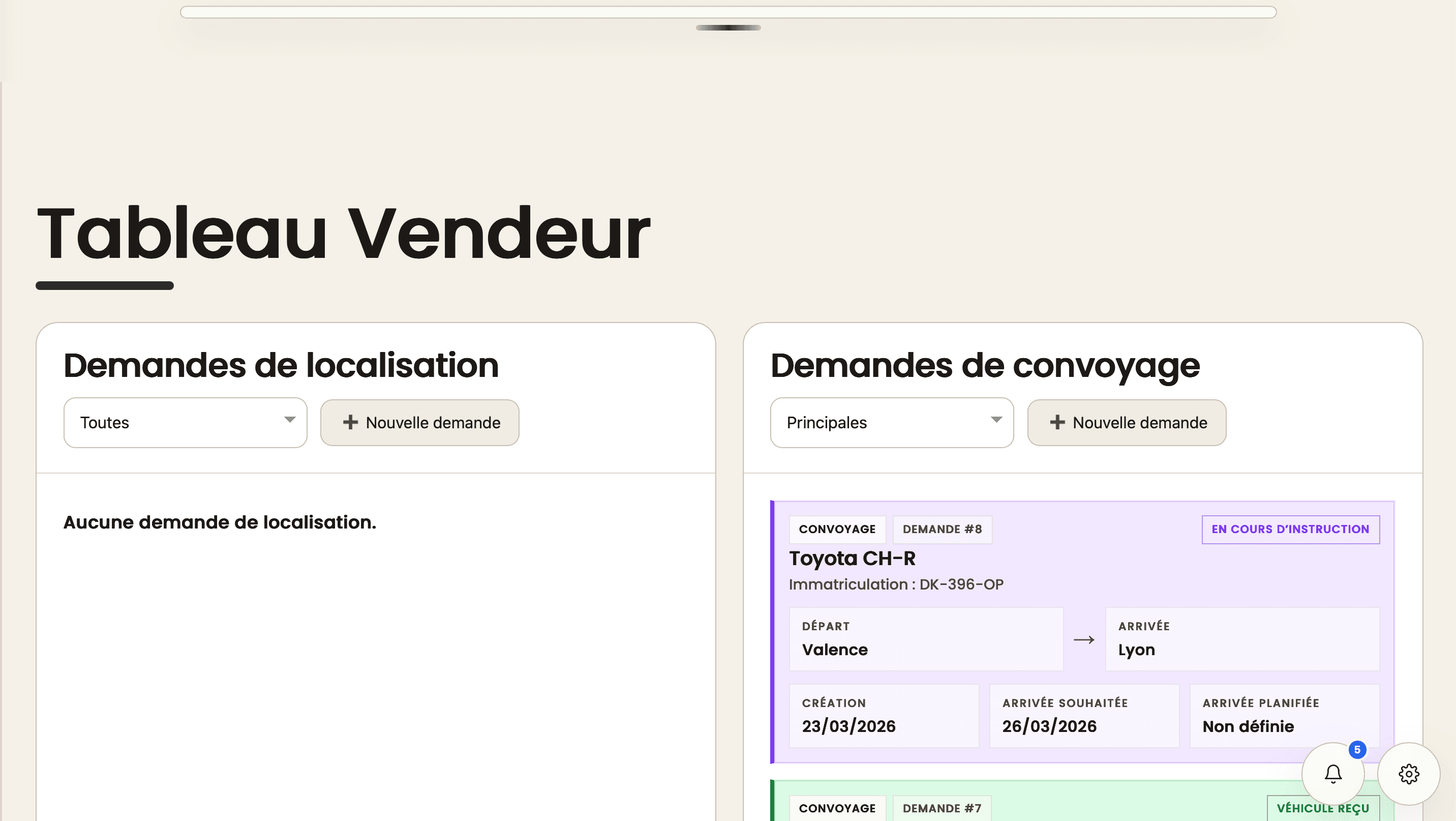 Tableau vendeur Saturn avec des demandes de localisation et de convoyage
